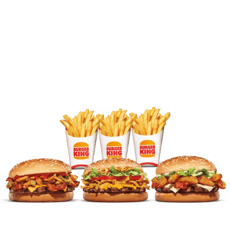 Burger King menu - Maple Bourbon BBQ Whopper, Fried Pickle Whopper, Mexican Street Corn Whopper, 3 Medium French Fries, Million Dollar Whopper Feast
