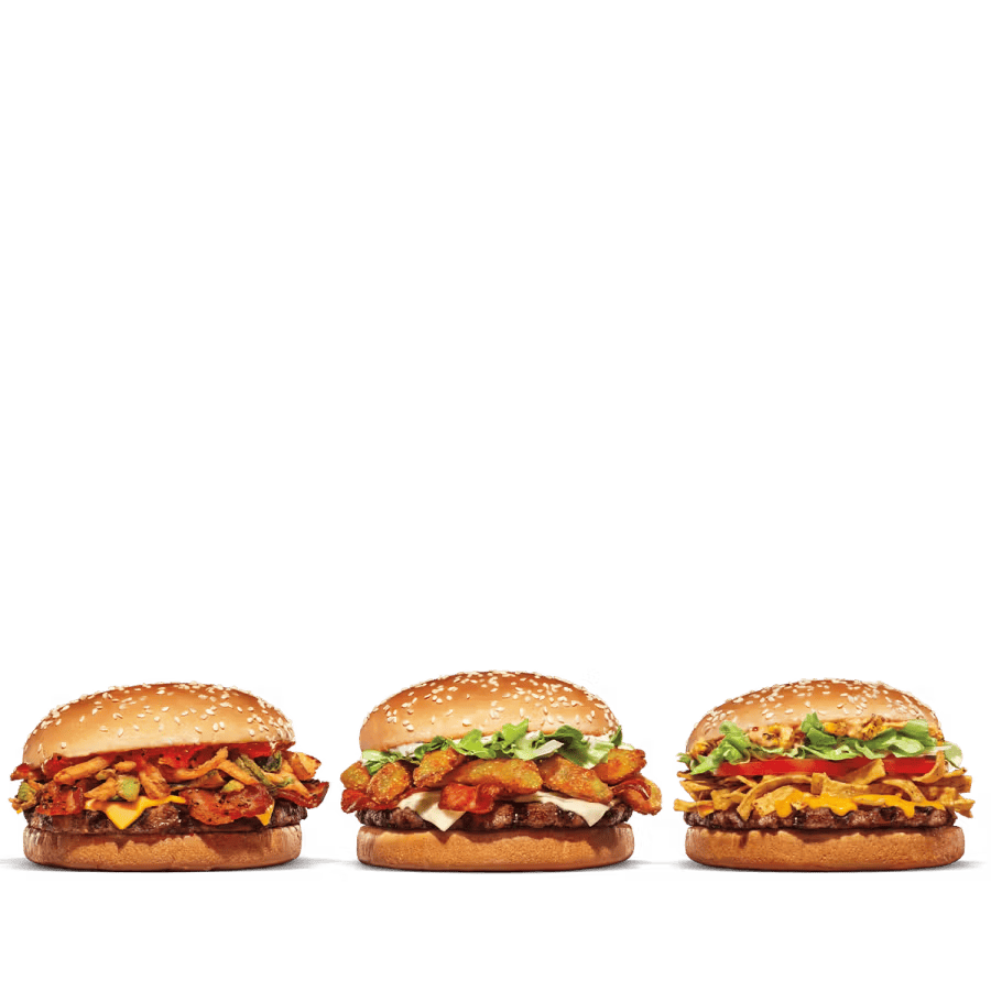 Burger King menu - Maple Bourbon BBQ Whopper, Fried Pickle Whopper, Mexican Street Corn Whopper, 3 Small French Fries, Million Dollar Whopper Flight