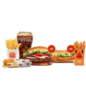 Burger King menu - Chicken Caesar Wrap, Whopper, Large French Fries, Coca-Cola, The King of Wrap