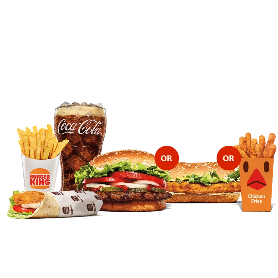 Burger King menu - Chicken Caesar Wrap, Whopper, Large French Fries, Coca-Cola, The King of Wrap