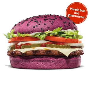 Burger King menu - Wednesday's Whopper with a purple bun, lettuce, tomato, pickles, onions, and beef patty