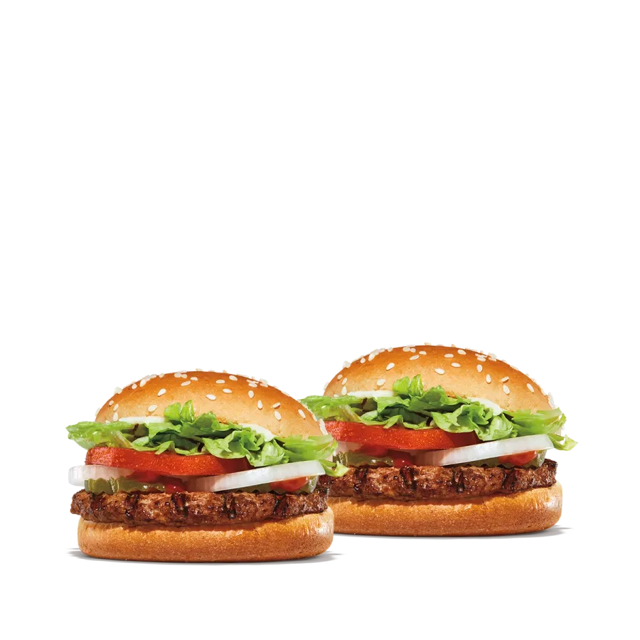 Burger King menu - Whopper Jr. Duo with two Whopper Jr. burgers topped with lettuce, tomato, onion, and pickles