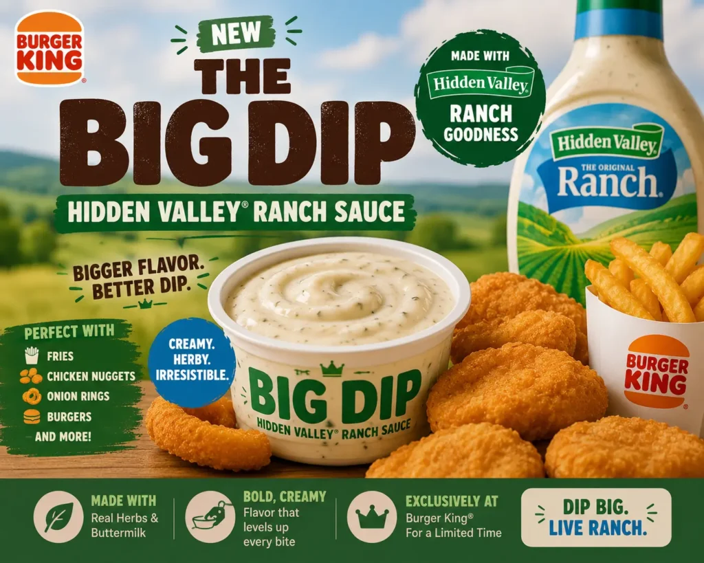 Burger King Big Dip featuring Hidden Valley Ranch Sauce served with chicken nuggets, fries, and onion rings.