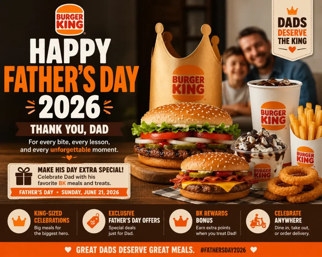 Burger King Father's Day 2026 promotion featuring burgers, fries, desserts, and family meal deals for dads.