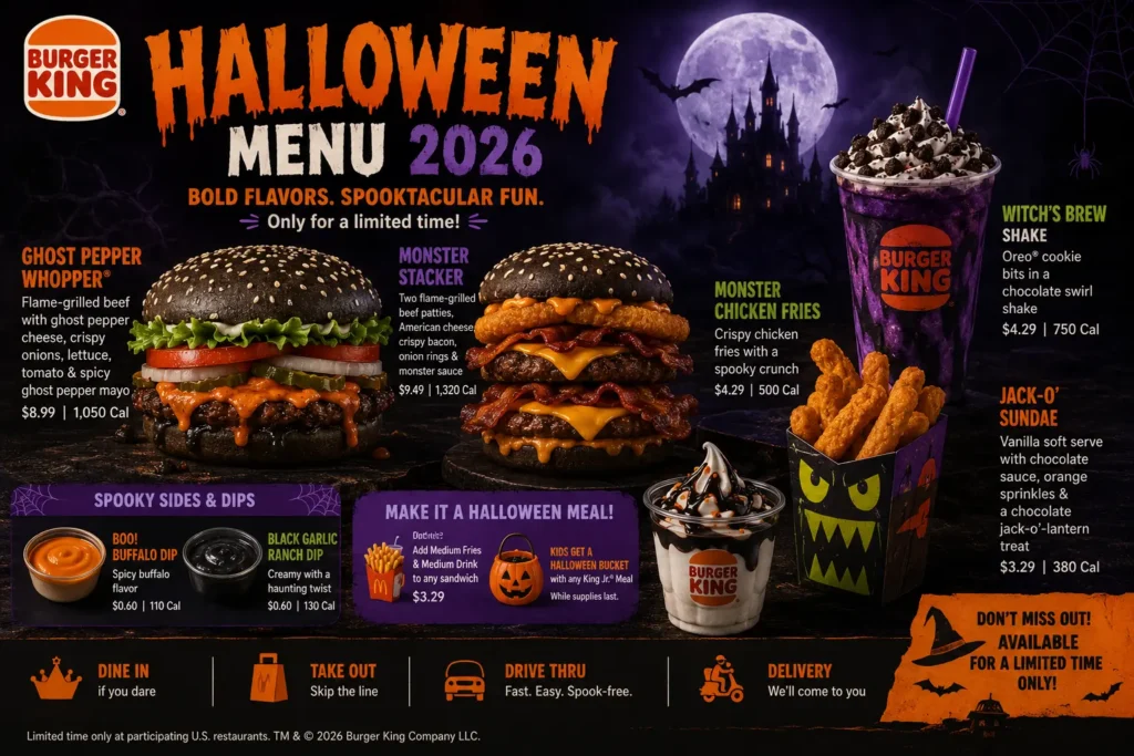 Burger King Halloween Menu 2026 featuring spooky-themed burgers, shakes, chicken fries, and seasonal desserts.