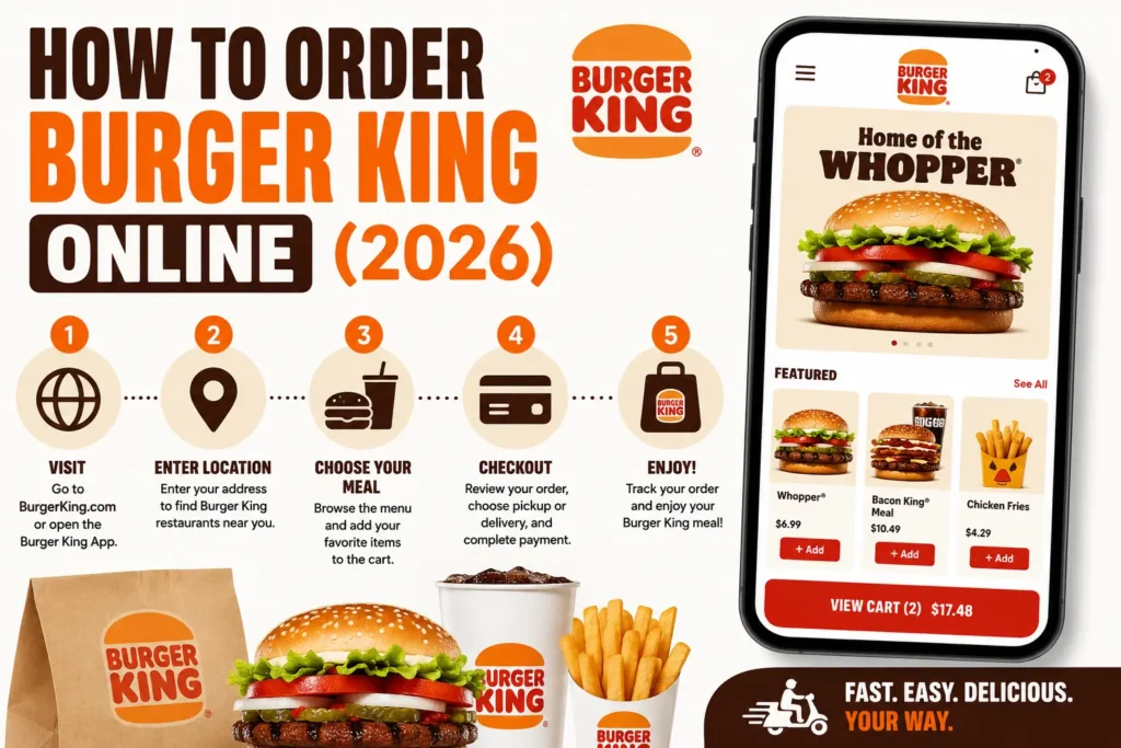 Step-by-step guide showing how to order Burger King online in 2026 using the Burger King app and website.